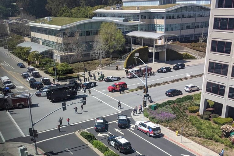 Police officers outside the YouTube headquarters in San Bruno, Calif.