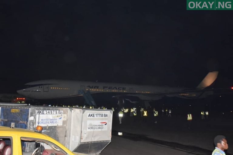 The Air Peace aircraft conveying Nigerians from South Africa