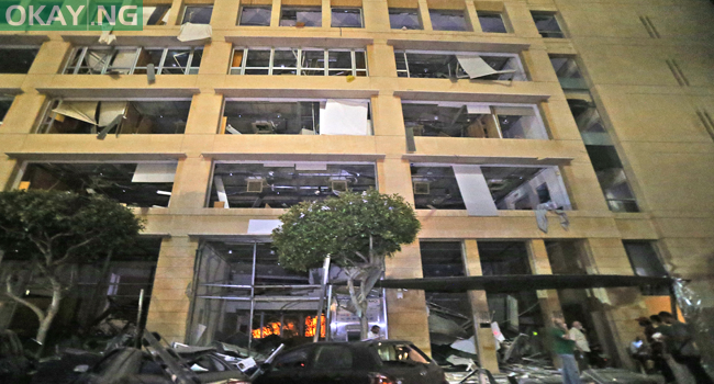This picture taken on August 4, 2020 shows a general view of destruction outside a building in the centre of Lebanon’s capital Beirut, following a massive explosion at the nearby port of Beirut. STR / AFP