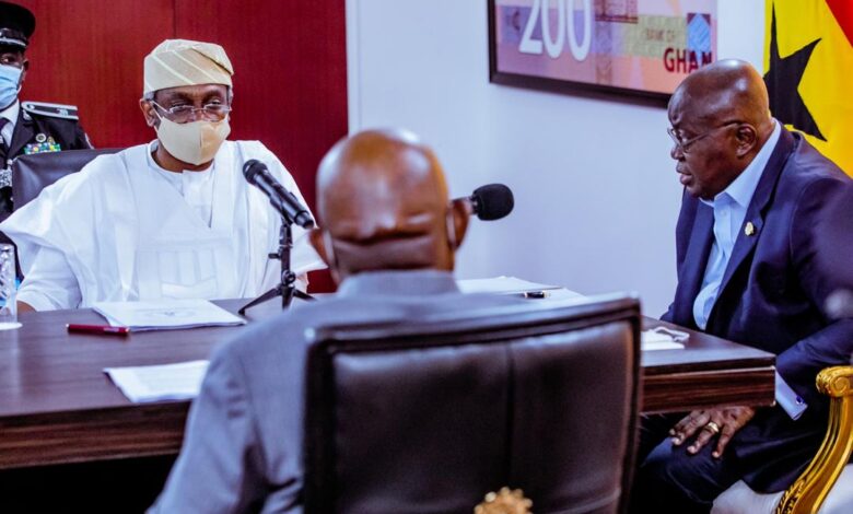 Speaker of the House of Representatives, Rep. Femi Gbajabjamila (left) and the President of the Republic of Ghana, Nana Akufo-Ado (extreme right) during a meeting to resolve some issues between Nigeria and Ghana in Accra on Thursday, 3 September, 2020.