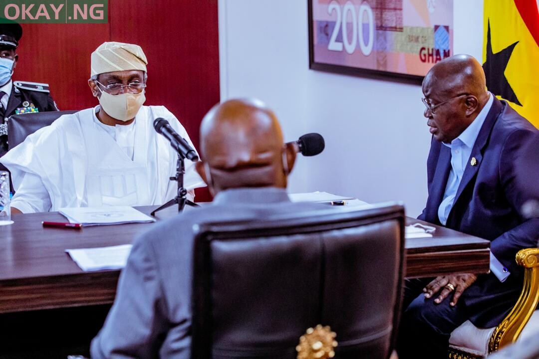 Speaker of the House of Representatives, Rep. Femi Gbajabjamila (left) and the President of the Republic of Ghana, Nana Akufo-Ado (extreme right) during a meeting to resolve some issues between Nigeria and Ghana in Accra on Thursday, 3 September, 2020.