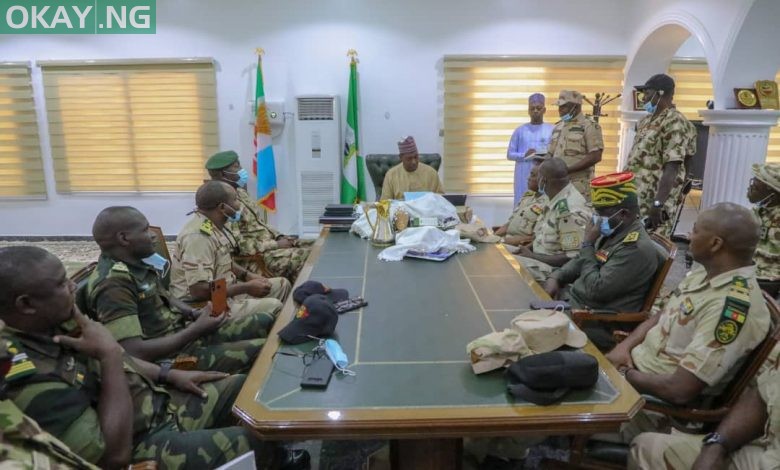 Governor Babagana Zulum with Cameroonian military delegation on Thursday in Maiduguri, Borno state capital