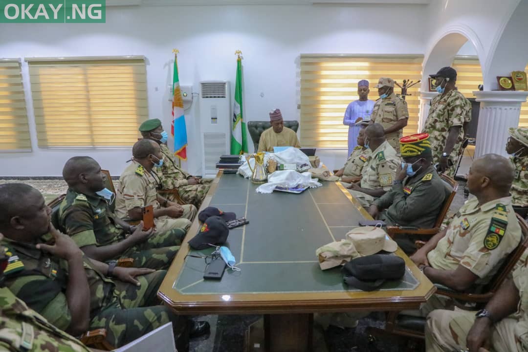 Governor Babagana Zulum with Cameroonian military delegation on Thursday in Maiduguri, Borno state capital