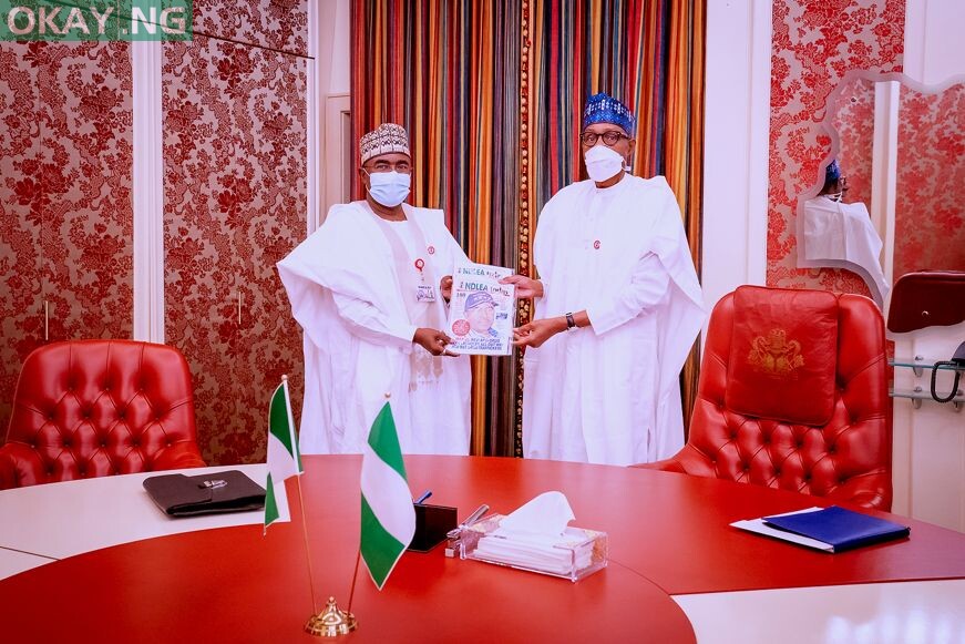 President Muhammadu Buhari with the Chairman/Chief Executive of the National Drug Law Enforcement Agency, NDLEA, Brig. Gen. Mohamed Buba Marwa (Retd), OFR, When he received briefing from the NDLEA boss at the State House, Abuja on Friday 3rd Sep. 2021