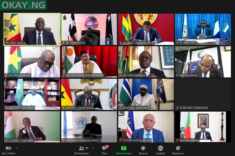 A screenshot shows a teleconference during the extraordinary Summit of the Economic Community of West African States (ECOWAS) Authority of Heads of State and Government on the Socio-Political Situation, in Guinea September 8, 2021. ECOWAS/Handout via REUTERS THIS IMAGE HAS BEEN SUPPLIED BY A THIRD PARTY.