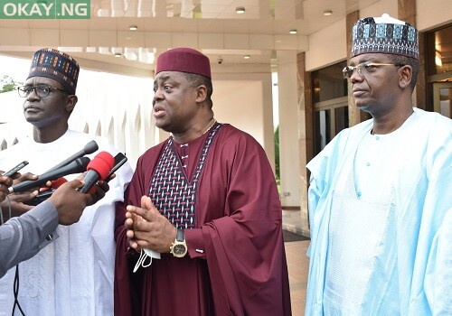 From left: Chairman APC Caretaker Committee, Gov Mai Mala Buni of Yobe; Former Minister of Aviation, Femi Fani-Kayode and Gov Bello Matawelle of Zamfara briefing State House Correspondents after their meeting with the President Muhammadu Buhari on the defection of Fani-Kayode to the APC at the Presidential Villa in Abuja on Thursday on 16 September 2021.