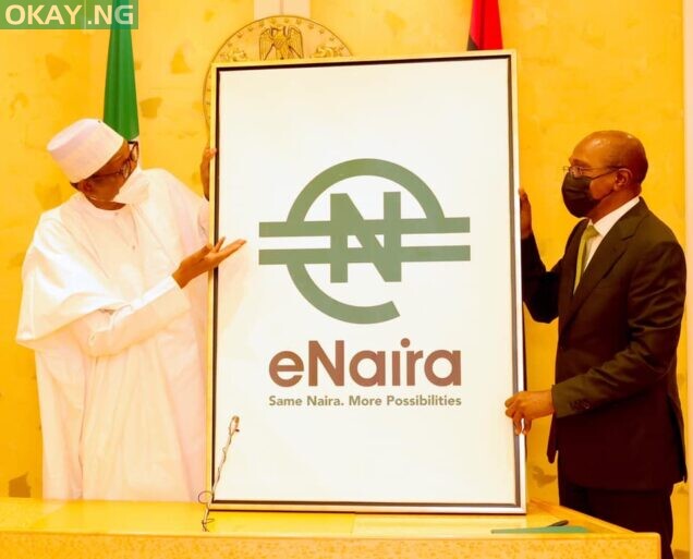 President Muhammadu Buhari and CBN Governor Godwin Emefiele launching the eNaira at Aso Rock presidential villa, Abuja on Monday.