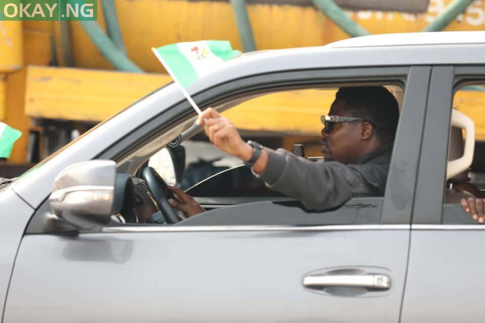 Nigerian comedian, Mr Macaroni, participate in the EndSARS Memorial drive-through protest at Lekki toll gate today, 20th October 2021.