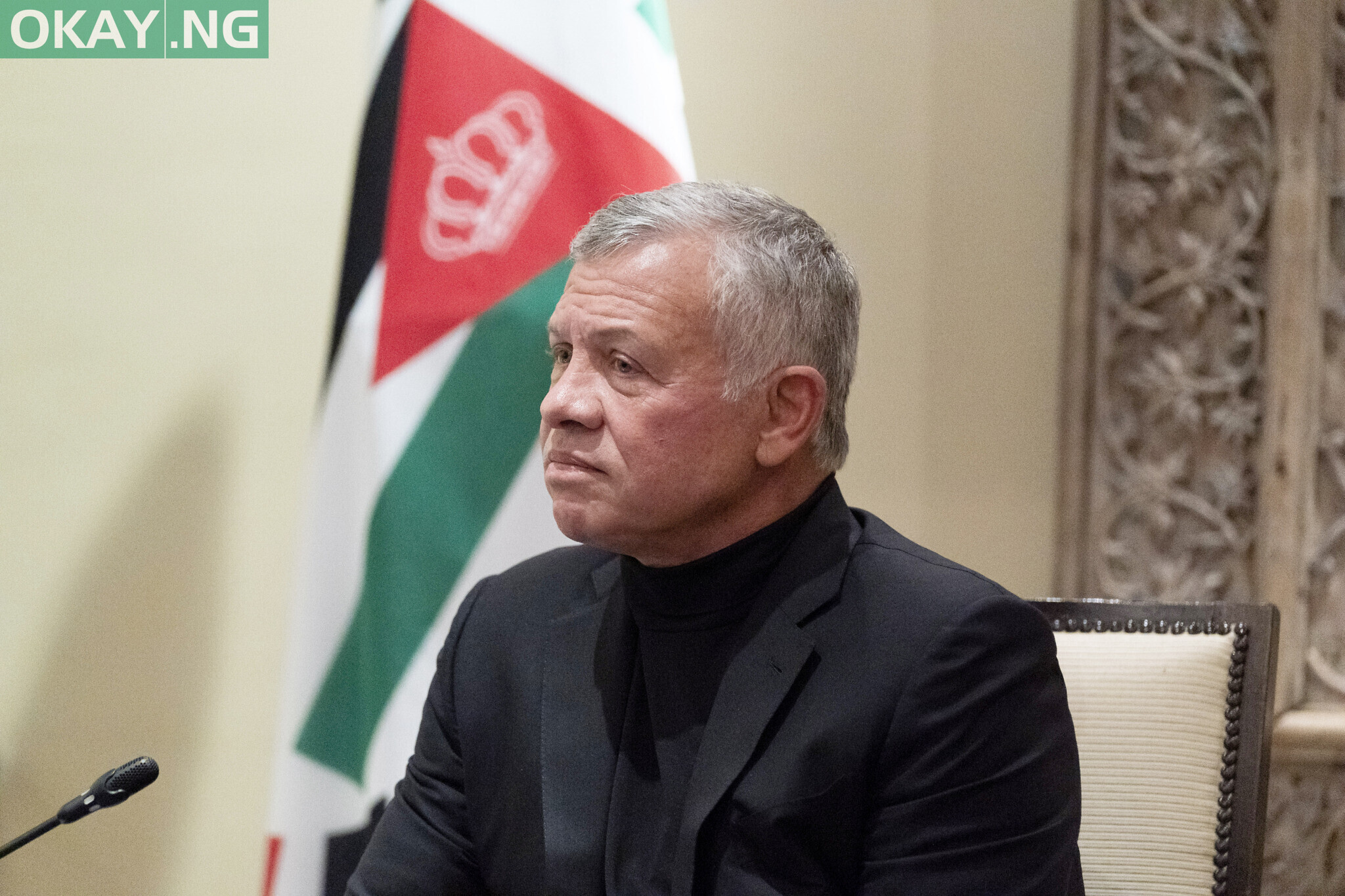 FILE - In this May 26, 2021 file photo, Jordan's King Abdullah II listens during a meeting with Secretary of State Antony Blinken, in Amman, Jordan. (AP Photo/Alex Brandon, Pool, File)