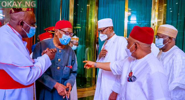 President Muhammadu Buhari exchanges pleasantries with respected leaders from the South East at the State House in Abuja on November 19, 2021.