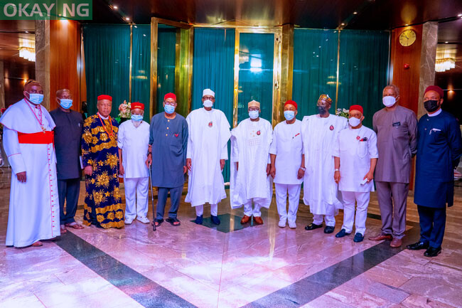 President Muhammadu Buhari takes a group photograph with respected leaders from the South East at the State House in Abuja on November 19, 2021.