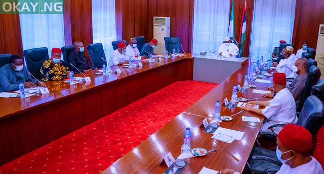 President Muhammadu Buhari in a meeting with respected leaders from the South East at the State House in Abuja on November 19, 2021.