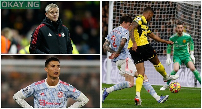 A photo collage showing a distraught Cristiano Ronaldo, Ole Gunnar Solskjaer, and Watford’s Brazilian striker Joao Pedro (C) scoring his team’s third goal during the English Premier League football match between Watford and Manchester United at Vicarage Road Stadium in Watford, southeast England, on November 20, 2021. Ian KINGTON / AFP