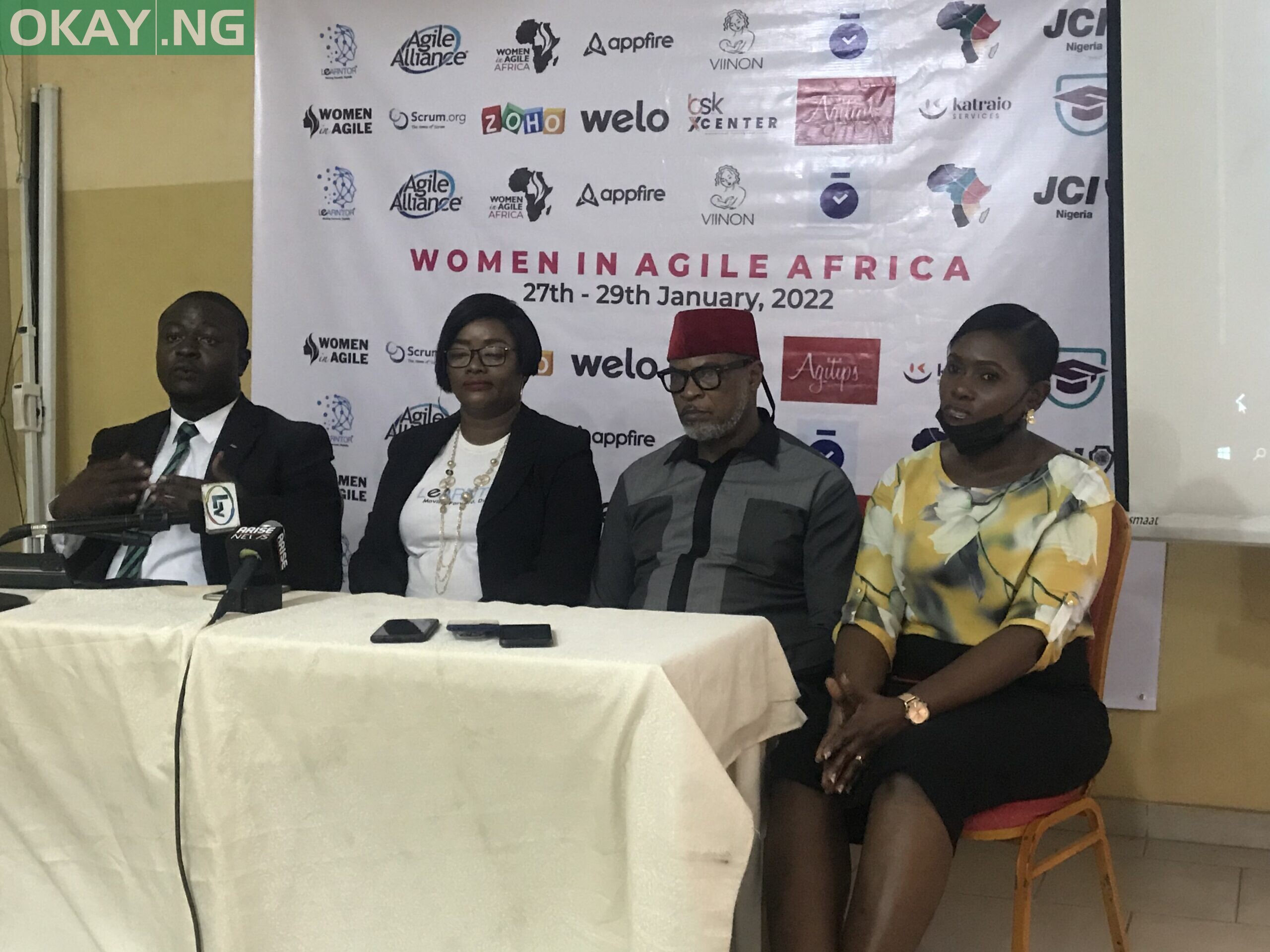 L-R: Olawale Bakare, National President, Junior Chamber International, Nigeria, Mercy George-Igbafe, Convener of Women in Agile Africa Conference/Founder of LEARNTOR, Mr Fred Amata, FilmMaker, Actor, Director/ Scrumaster and Bisi Alimi, Business Analyst with LEARNTOR during press conference on Thursday in Lagos.
