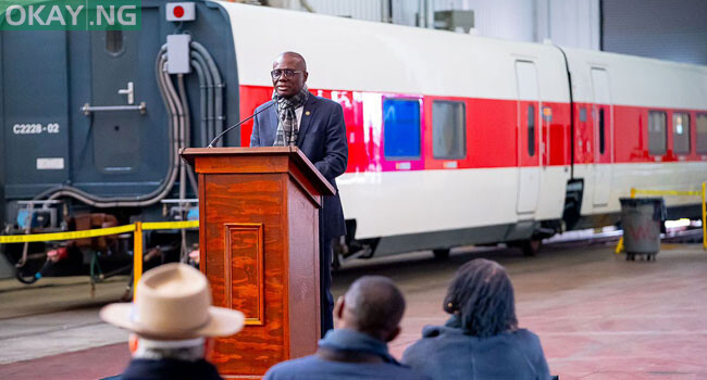 In this photo released by the Lagos State government on January 19, 2022, Governor Sanwo-Olu is seen addressing an audience in Milwaukee, United States.