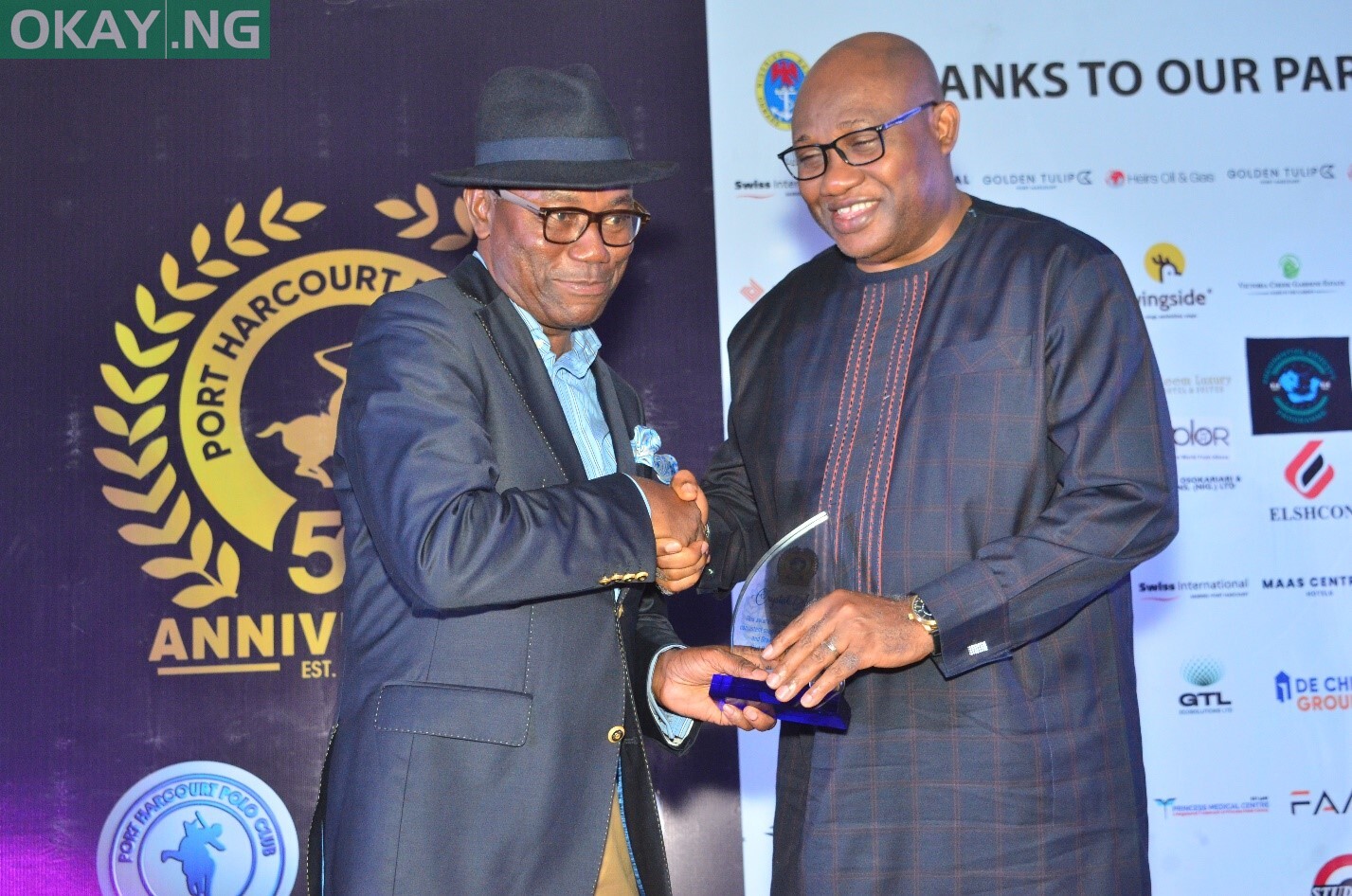 Right: Shell Corporate Relations Manager, Mr. Evans Krukrubo, receives the Crystal Award for Shell Nigeria Exploration and Production Company (SNEPCo) from Dr. Emi Membere-Otaji, Managing Director/CEO, Elshcon Group of Company, at the ceremony to celebrate the prestigious Port Harcourt Polo Club 50th anniversary.