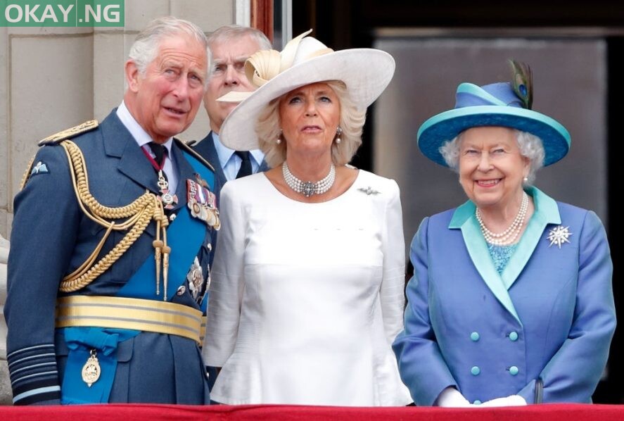 Prince Charles, Prince of Wales; Camilla, Duchess of Cornwall, and Queen Elizabeth II watch a flypast to mark the centenary of the Royal Air Force from the balcony of Buckingham Palace on July 10, 2018 in London, England.