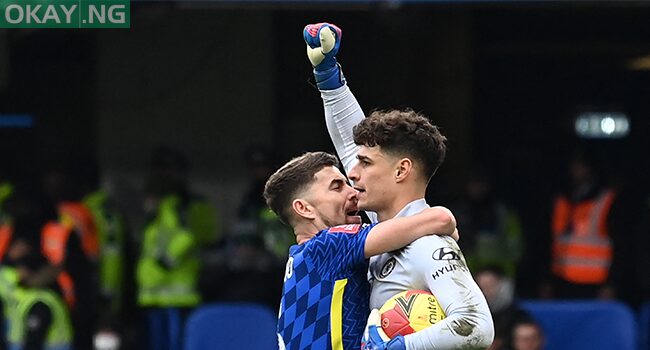 Chelsea’s Spanish goalkeeper Kepa Arrizabalaga (R) celebrates with Chelsea’s Italian midfielder Jorginho (L) after saving a late penalty kick from Plymouth’s Scottish striker Ryan Hardie (not pictured) during the English FA Cup fourth round football match between Chelsea and Plymouth Argyle at Stamford Bridge in London on February 5, 2022. Glyn KIRK / AFP