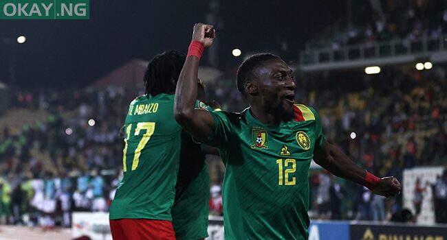 Cameroon’s forward Karl Toko Ekambi celebrates their victory after the penalty shoot-out at the end of the Africa Cup of Nations (CAN) 2021 third place football match between Burkina Faso and Cameroon at Stade Ahmadou-Ahidjo in Yaounde on February 5, 2022. Kenzo TRIBOUILLARD / AFP