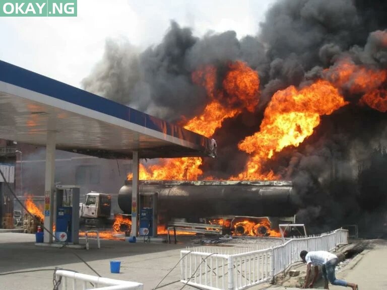 Scene of the filling station gutted by fire in Mushin area of Lagos State