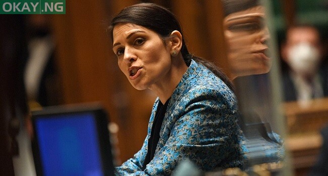 A handout photograph released by the UK Parliament shows Britain’s Home Secretary Priti Patel speaking during the debate on the second reading of the Government’s Police, Crime, Sentencing and Courts Bill, in a socially distanced, hybrid session at the House of Commons, in central London on March 15, 2021. (Photo by JESSICA TAYLOR / various sources / AFP)