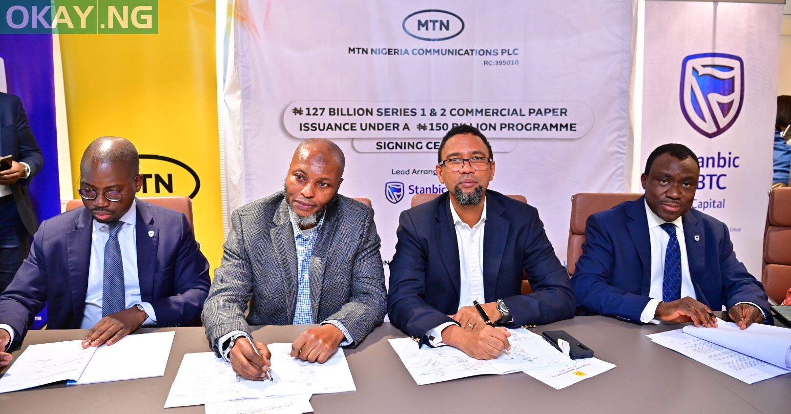 L-R: Chief Executive Officer, Stanbic IBTC Capital, Funso Akere; Chief Financial Officer, MTN Nigeria Communications Plc, Modupe Kadri; Chief Executive Officer, MTN Nigeria Communications Plc, Karl Olutokun Toriola and Chief Executive Officer, Stanbic IBTC Bank, Demola Sogunle, at the Signing Ceremony of its N127 Billion Series 1 & 2 Commercial Paper Issuance on Monday, April 25, 2022.