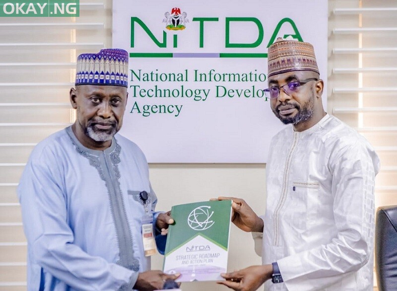 R-L: Kashifu Inuwa, the Director-General, National Information Technology Development Agency (NITDA), presenting the Agency’s Strategy Document to Professor Musa Isyaku Ahmed, the Vice Chancellor, Federal University of Agriculture Zuru