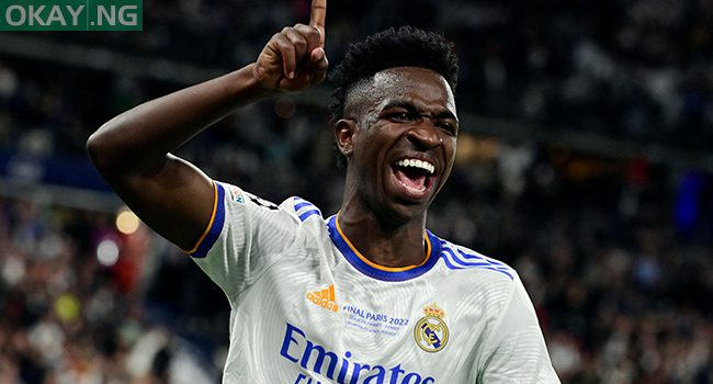 Real Madrid’s Brazilian forward Vinicius Junior celebrates scoring the opening goal during the UEFA Champions League final football match between Liverpool and Real Madrid at the Stade de France in Saint-Denis, north of Paris, on May 28, 2022. JAVIER SORIANO / AFP