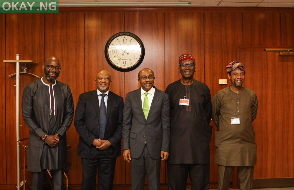 Ralph Mupita, MTN Group President & CEO; Mcebisi Jonas, MTN Group Chairman; Godwin Emefiele, Governor, Central Bank of Nigeria; Dr. Ernest Ndukwe (OFR), MTN Nigeria Chairman and Karl Olutokun Toriola, MTN Nigeria CEO, MTN during a courtesy visit by MTN delegation to the CBN Governor in Abuja on the back of the commencement of MoMo PSB operations in Nigeria on Thursday, May 19, 2022.