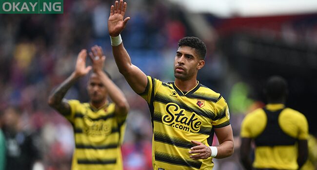 Watford’s Moroccan-born Italian defender Adam Masina gestures to supporters after the English Premier League football match between Crystal Palace and Watford at Selhurst Park in south London on May 7, 2022. Daniel LEAL / AFP