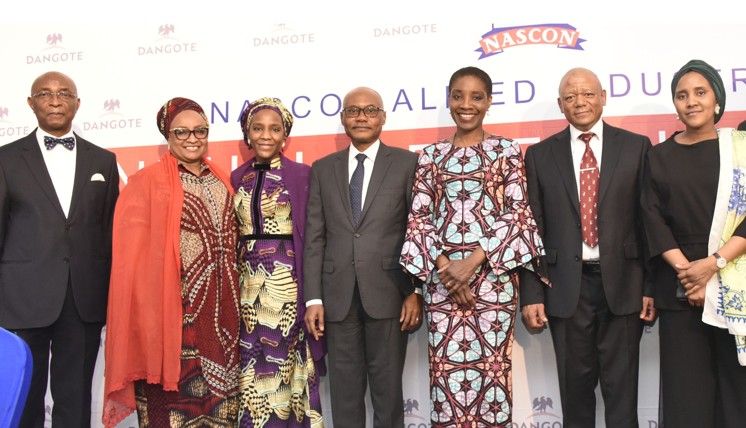 L-R: Independent Director, NASCON Allied Industries Plc, Chris Ogbechie; Director NASCON Allied Industries Plc, Fatima Wali-Abdurrahman; Director, NASCON Allied Industries Plc, Halima Aliko Dangote; Group Managing Director, Dangote Industries Limited/Director, NASCON Allied Industries Plc, Olakunle Alake; Chairperson, NASCON Allied Industries Plc, 'Yemisi Ayeni; Acting Managing Director, NASCON Allied Industries Plc, Thabo Mabe; and Executive Director, Commercial, NASCON Allied Industries Plc, Fatima Aliko Dangote, at the 2021 Annual General Meeting (AGM) of NASCON Allied Industries Plc in Lagos on June 3, 2022