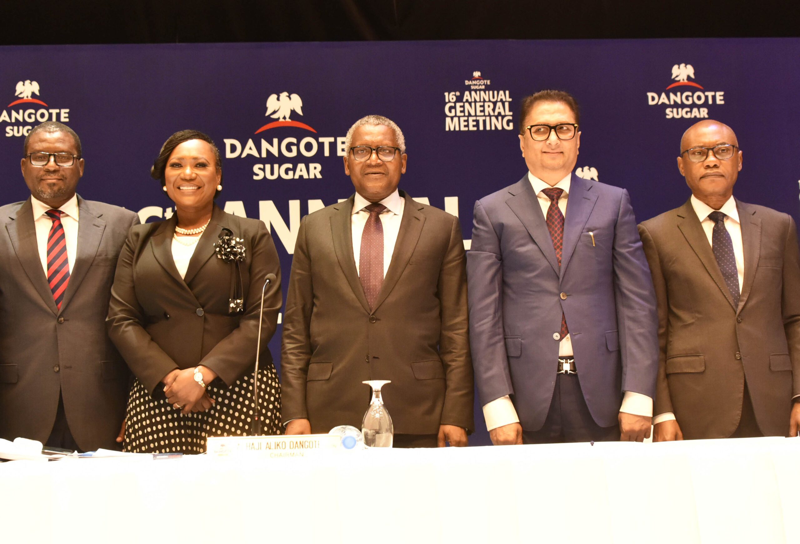 L-R: Non-Executive Director, Dangote Sugar Refinery Plc, Abdu Dantata; Company Secretary/Legal Adviser, Dangote Sugar Refinery Plc, Temitope Hassan; Chairman, Dangote Sugar Refinery Plc, Aliko Dangote; Group Managing Director/CEO, Dangote Sugar Refinery Plc, Ravindra Singhvi; Non-Executive Director, Dangote Sugar Refinery Plc, Olakunle Alake, at the 16th Annual General Meeting of Dangote Sugar Refinery Plc held in Lagos on June 15, 2022