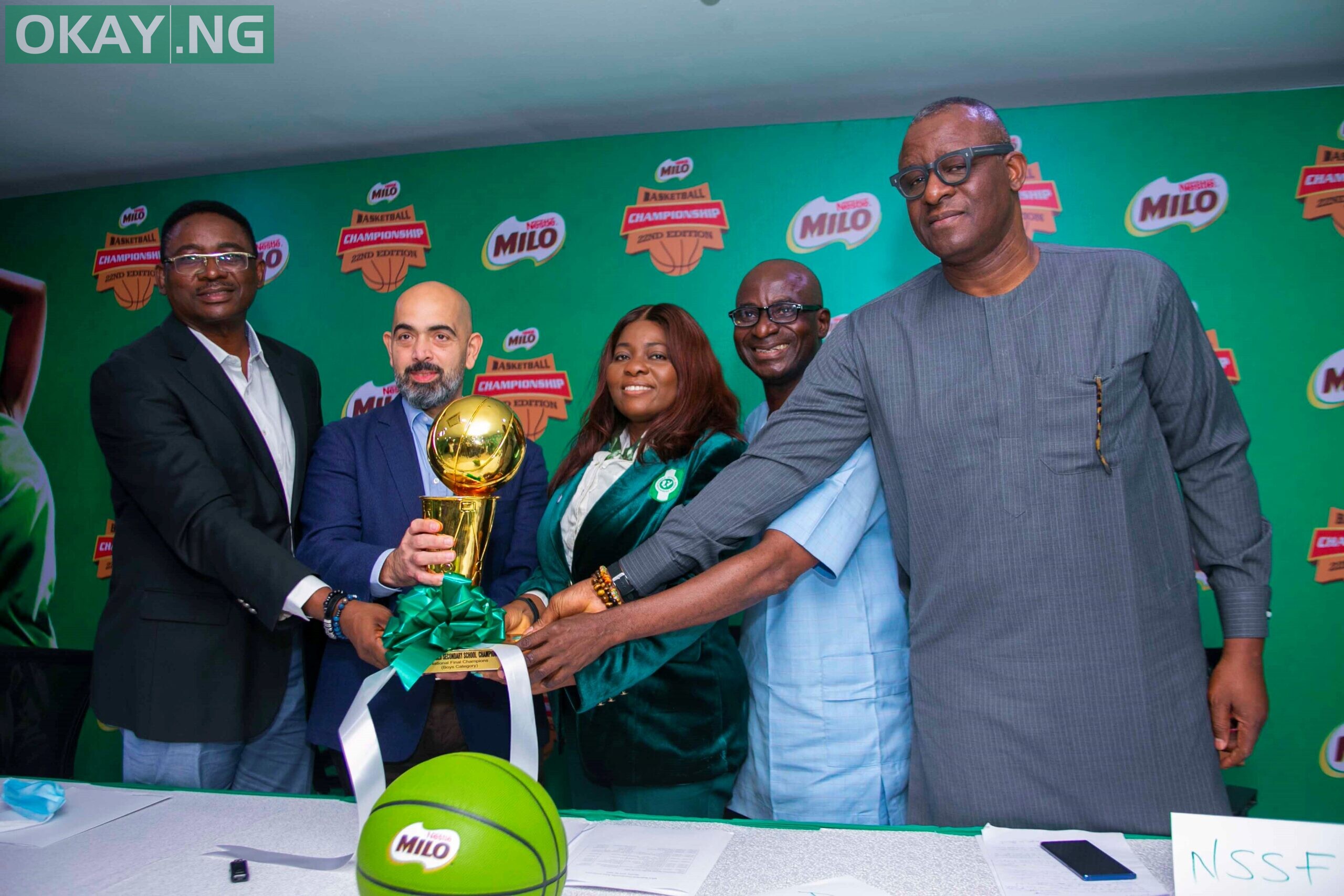 (L-R) Olutayo Olatunji – Category Manager Beverages at Nestlé Nigeria PLC, Wassim El-Husseini – Managing Director and Chief Executive Officer at Nestlé Nigeria PLC, Olabisi Joseph – President of Nigeria Schools Sports Federation (NSSF), Lanre Balogun – Executive Secretary of National Collegiate Sports Foundation (NCSF) and Babs Ogunade representing the Nigeria Basketball Federation (NBBF) during the Press Conference of the 22nd Milo Basketball Championship at the Nestlé Head Office today