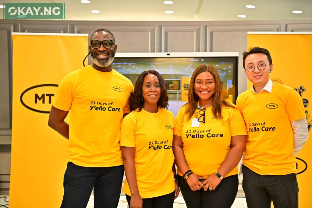 Chief Corporate Services Officer, MTN Nigeria, Tobechukwu Okigbo; Executive Secretary, MTN Foundation, Odunayo Sanya; Project Lead, 2022 Y'ello Care, Obianuju Otudor and Key Account Director, Huawei, Joey Wu at the 2022 Y'ello Care Opening Ceremony held at the MTN Headquarters, Ikoyi, Lagos on Monday, July 18, 2022.