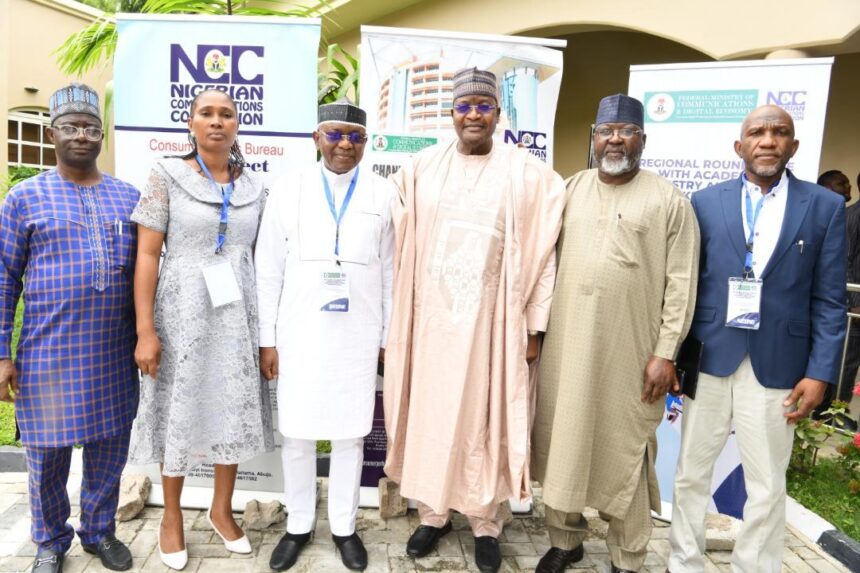 Mr. Ismail Adedigba, Director, Research and Development, Nigerian Communications Commission (NCC); Dr. Caroline Alenoghena, Director, Entrepreneurship Centre, Federal University of Technology, Minna; Mr. Abdulrahman Ado, Executive Director, 9Mobile; Prof. Umar Garba Danbatta, Executive Vice Chairman, NCC; Engr. Ubale Maska, Executive Commissioner, Technical Services, NCC; Prof. Kabiru Bala, Vice Chancellor, Ahmadu Bello University, Zaria, during the Regional Roundtable with Academia, Industry and other Stakeholders hosted by the Commission in Kano recently.