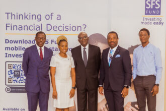 L-R: Dimeji Sonowo, Executive Director, SFS Capital; Oma Ehiri, Communications Manager, SFS Group; Yemi Gbenro, Managing Director, SFS Financial Services; Patrick Ilodianya, CEO, SFS Capital and Kayode Abereowo, Product Manager, SFS Group at the press conference unveiling the SFS Fund Mobile App in Lagos, Nigeria.