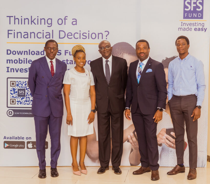 L-R: Dimeji Sonowo, Executive Director, SFS Capital; Oma Ehiri, Communications Manager, SFS Group; Yemi Gbenro, Managing Director, SFS Financial Services; Patrick Ilodianya, CEO, SFS Capital and Kayode Abereowo, Product Manager, SFS Group at the press conference unveiling the SFS Fund Mobile App in Lagos, Nigeria.
