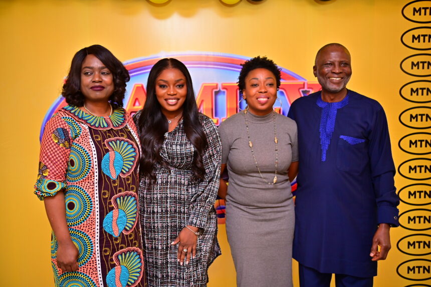 L-R: Acting Chief Digital Officer, MTN Nigeria, Aisha Umar Mumuni; actress and host, Family Feud Nigeria, Bisola Aiyeola; Chief Marketing Officer, MTN Nigeria, Adia Sowho and CEO, Ultima Studios, Femi Ayeni, at the unveiling of Family Feud Nigeria show sponsored by MTN Nigeria at MTN Nigeria Headquarters, Lagos on Wednesday, August 24, 2022.
