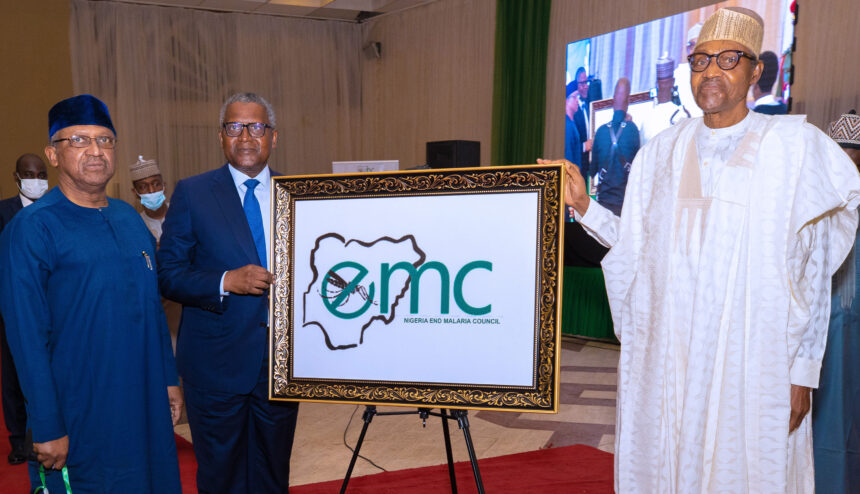 L-R; Minister of Health, Dr Osagie Ehanire, Chairman of the Nigeria End Malaria Council (NEMC) and President of Dangote Group, Alhaji Aliko Dangote and President Muhammadu Buhari during the inauguration/Launch of the Nigeria End Malaria (NEMC) held at the Presidential Banquet Hall, State House, Abuja. PHOTO; SUNDAY AGHAEZE. AUG 16TH 2022
