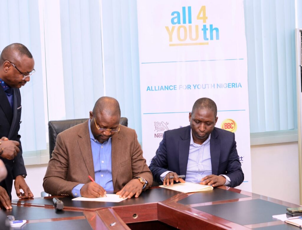 L to R: Akinlonu Foluso, Director Legal Services, Federal Ministry of Youth and Sports Development Sunday Dare, Honorable Minister of Youth and Sports Development Shakiru Lawal, Country HR Manager, Nestlé Nigeria PLC