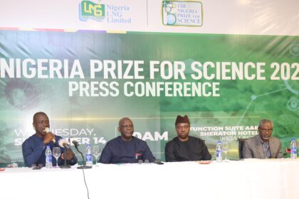 (L-R) Ms. Funke Opeke, 2022 The Nigeria Prize for Science (NPS) Judge; Prof. Christian Agbo, Chairman, Panel of Judges; Prof. Barth Nnaji, Chairman, Advisory Board, NPS; Mr. Andy Odeh, NLNG’s GM, External Relations & Sustainable Development; Prof. Mohammed Magaji, NPS Judge; and Mrs. Anne-Marie Palmer-Ikuku, Ag. Mgr Corporate Communications & Public Affairs during the announcement of winners for the 2022 edition of the prize…on 14th Sep 2022 in Lagos.
