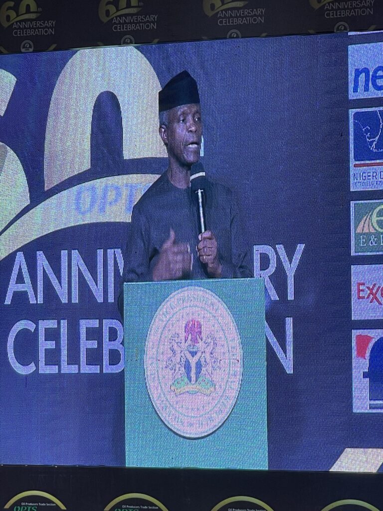 Vice President Prof. Yemi Osinbajo delivering his speech at the 60th-anniversary celebration of OPTS at Eko Hotel, Lagos on Thursday.