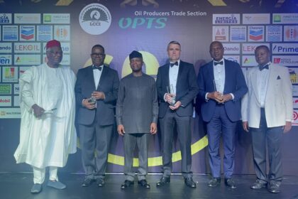 L-R: Dr Imo Itsueli, Past Chairman, Oil Producers Trade Section (OPTS) & Chairman Dubri Oil; Mr Basil Omiyi, past Chairman, OPTS & Chairman Seplat; Vice President Prof. Yemi Osinbajo; Mr. Mike Sangster, MD, TotalEnergies and past Chairman, OPTS; Mr. Osagie Okunbor, MD, SPDC & Chairman, Shell Companies in Nigeria/ Past Chairman & Current Vice Chairman, OPTS and Mr. Bunmi Toyobo, Executive Director, OPTS at the 60th anniversary celebration of OPTS at Eko Hotel, Lagos on Thursday.