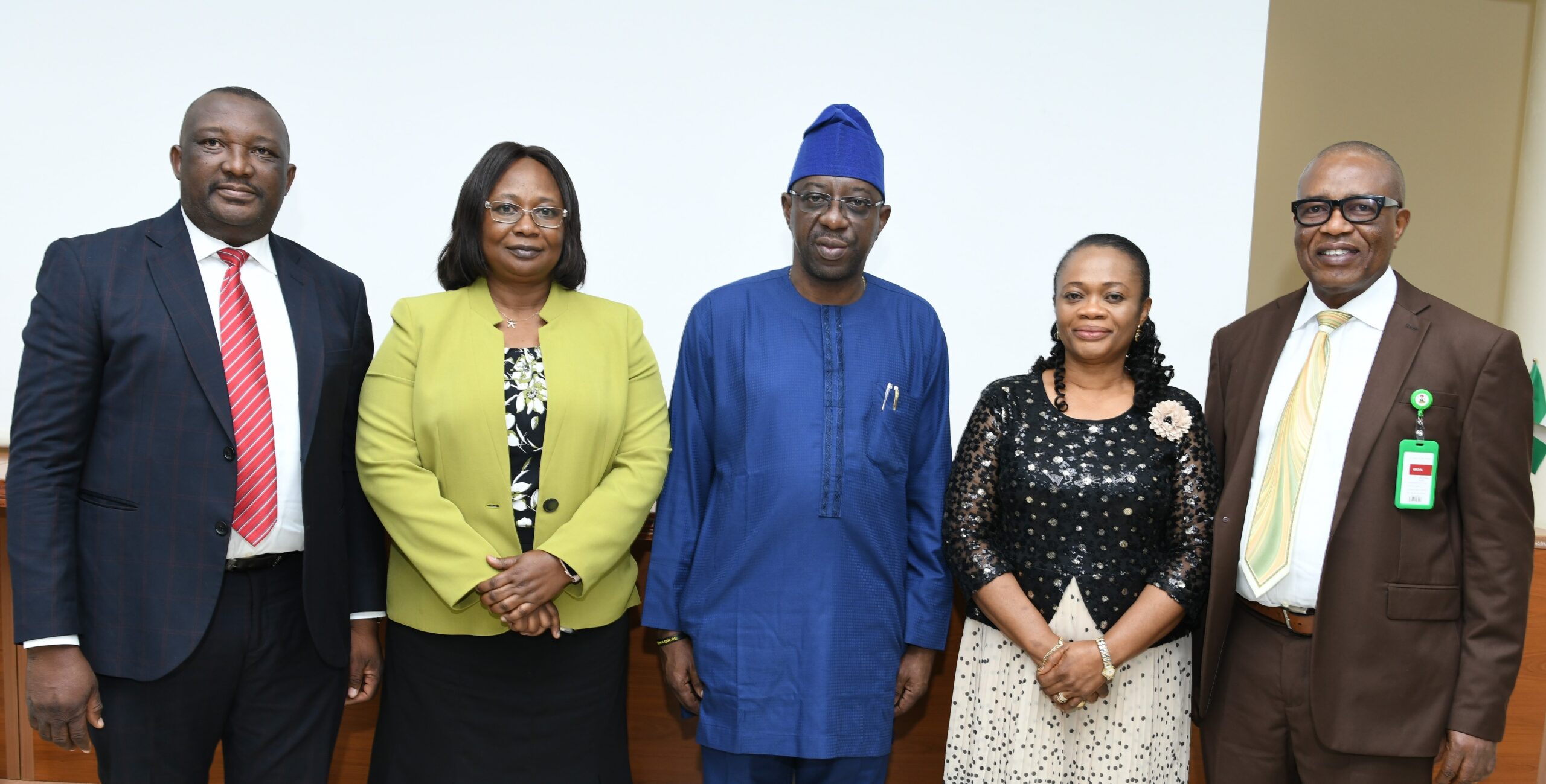 L-R: Banji Ojo, Head, Consumer Policy Development and Monitoring, Nigerian communications Commission (NCC); Olayemi Ajayi, Director, Legal Services, National Lottery Regulatory Commission (NLRC); Adeleke Adewolu, Executive Commissioner, Stakeholder Management, NCC; Chizua Whyte, Head, Operator Relation and Correspondence, NCC and Obi Iregbu, Deputy Director, Licensing and Regulatory Services, NLRC, at the inauguration of a joint-committee to review existing Memorandum of Understating (MoU) between the two agencies in Abuja recently (September 29, 2022).