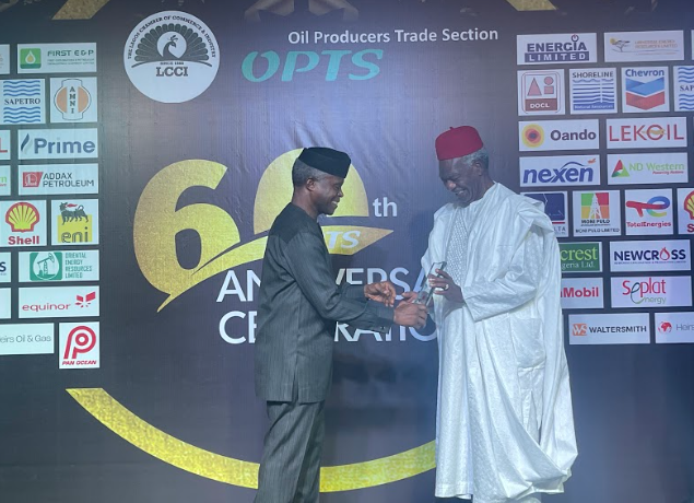 Vice President Prof. Yemi Osinbajo present an award to Dr Imo Itsueli, Past Chairman, Oil Producers Trade Section (OPTS) at the 60th-anniversary celebration of OPTS at Eko Hotel, Lagos on Thursday.