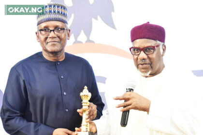 L-R: Aliko Dangote, President/CE, Dangote Industries Limited, (Guest lecturer) receiving an award from Engr. Mansur Ahmed, President, Manufacturers Association of Nigeria (MAN) during 50th Annual General Meeting (AGM) of Manufacturers Association of Nigeria and 2nd Adeola Odutola Lecture and Presidential Luncheon in Lagos on Tuesday, October 18, 2022