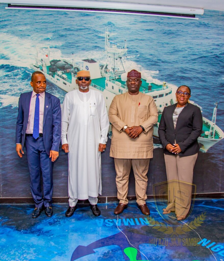 The Honourable Minister of Transportation, Engr. Mu'azu Jaji Sambo (2nd left); Honourable Minister of State for Transportation, Prince Ademola Adegoroye (2nd right); Permanent Secretary, Federal Ministry of Transportation, Dr. Magdalene Ajani (right) and Director General, Nigerian Maritime Administration and Safety Agency, NIMASA, Dr Bashir Jamoh during a working visit by the Minister to the NIMASA headquarters in lagos.
