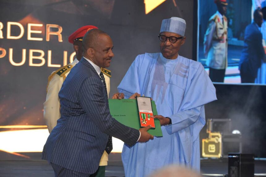 Director General, Nigerian Maritime Administration and Safety Agency (NIMASA) Dr Bashir Jamoh OFR, receiving his medallion as Officer of the Federal Republic (OFR) from President Muhammadu Buhari.