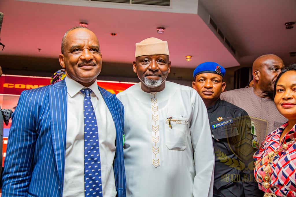 Minister of Transportation, Muazu Jaji Sambo(right) and Director General, Nigerian Maritime Administration and Safety Agency (NIMASA) Dr Bashir Jamoh OFR during a reception in honour of the Dr Jamoh over his conferment of Officer of the Federal Republic by President Muhammadu Buhari.