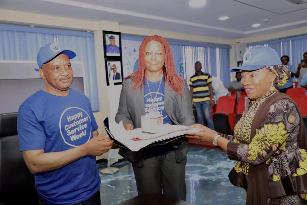 L-R, Director General of Nigerian Maritime Administration and Safety Agency (NIMASA), Dr.Bashir Jamoh, Director SERVICOMNIMASA, Mrs.Bolaji Kehinde and National Coordinator/CEO SERVICOM, Mrs Nnenna Akajemeli during the 2022 Customer Service Week Celebration at the NIMASA headquarters in Lagos